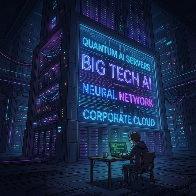 A massive corporate server vault towering over a small indie developer's laptop, symbolizing the risk of relying on Big Tech AI providers