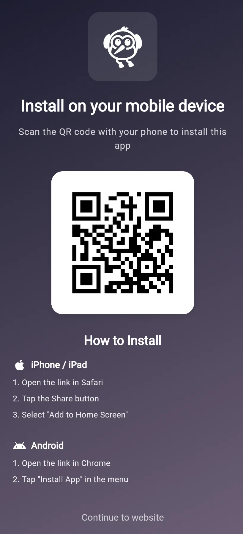 QR code desktop pour rediriger vers la PWA mobile
