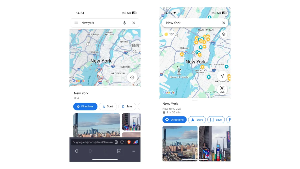 On the left, Google Maps from a browser, and on the right, the native app