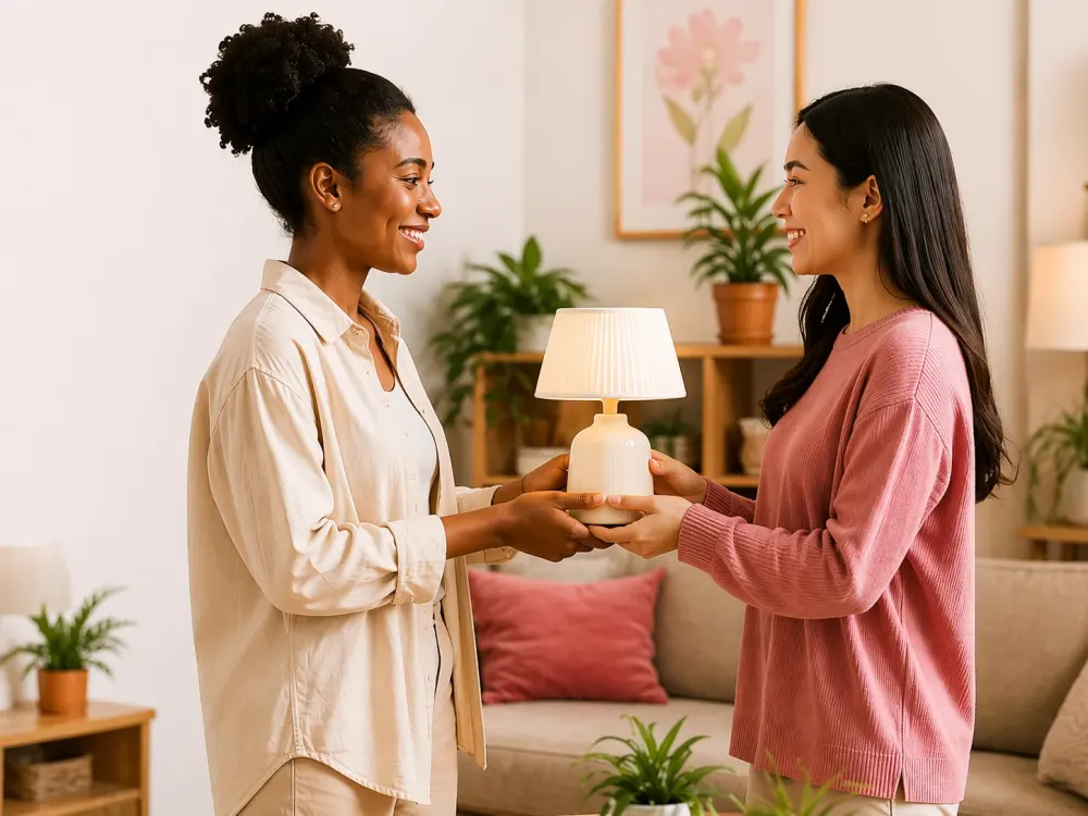 Two neighbours handing over a lamp through Hiiba.