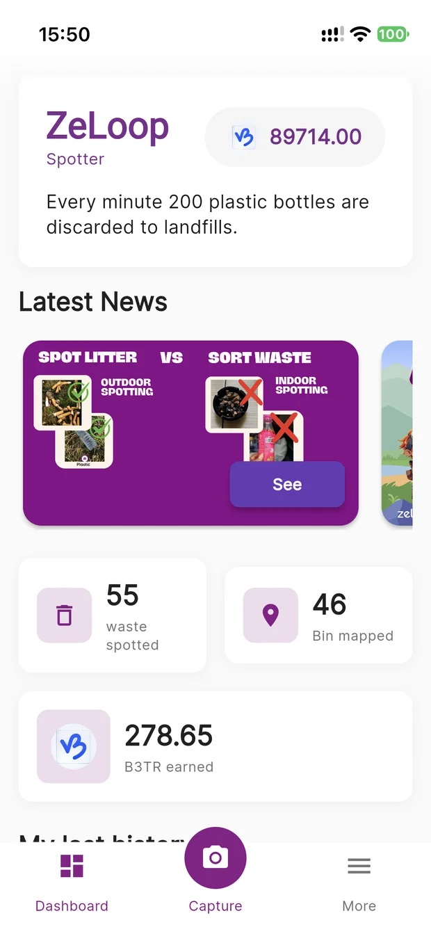 ZeLoop Spotter dashboard: litter spotted, mapped bins and rewards.